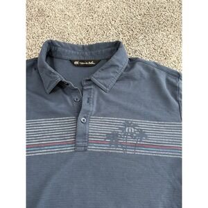 Travis Mathew Mens Blue Striped Polo Shirt Palm Tree Short Sleeve Size Large